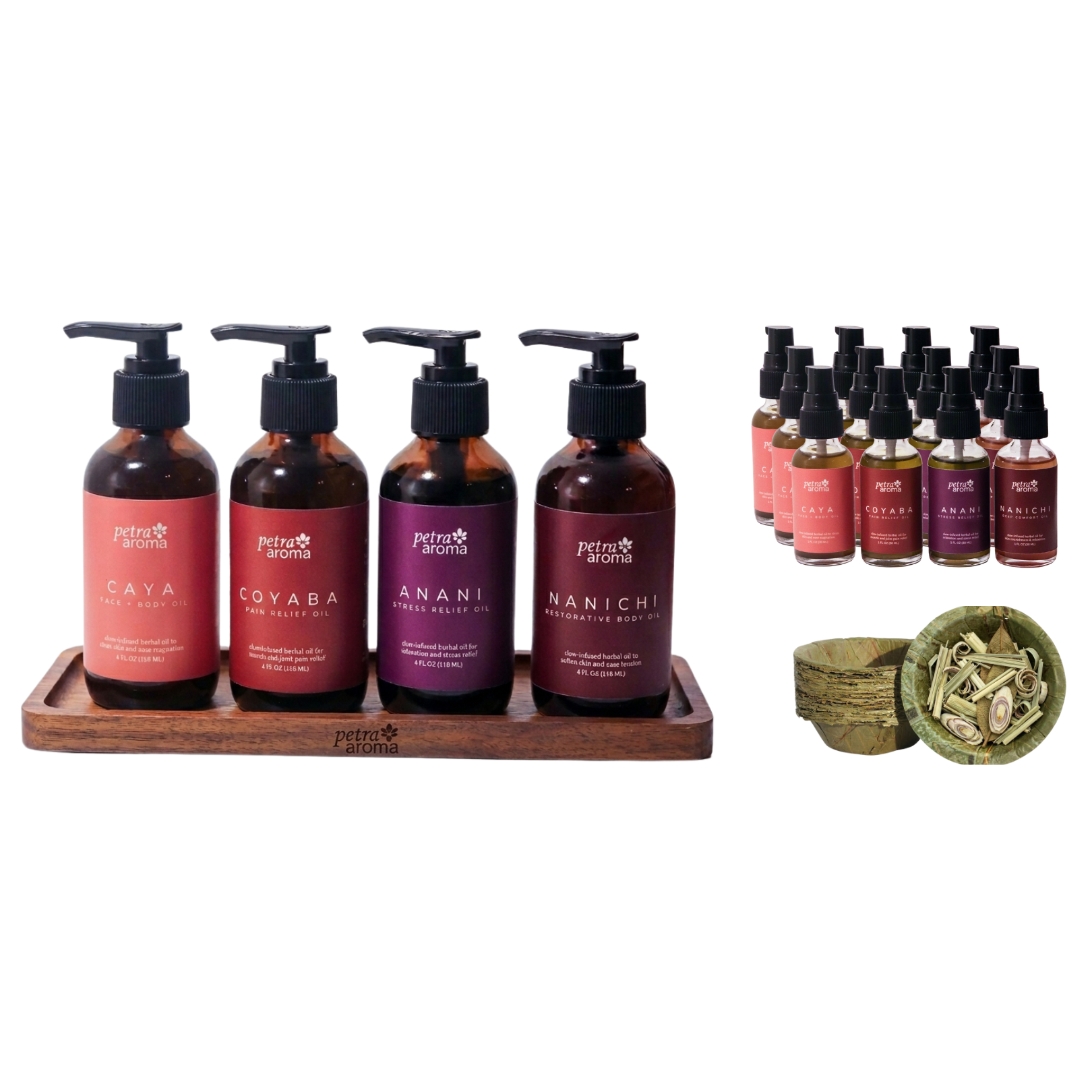 Set of skincare products including bottles and a bowl on a white background