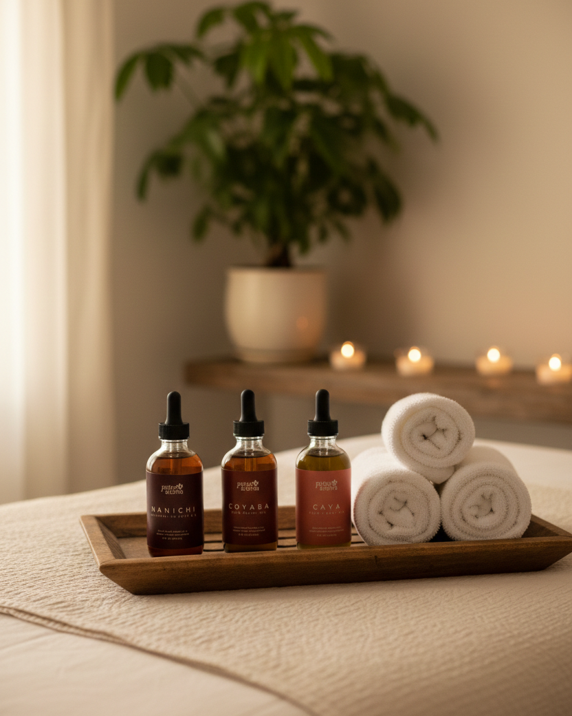 Three dropper bottles on a wooden tray with rolled towels, candles, and a plant in the background.