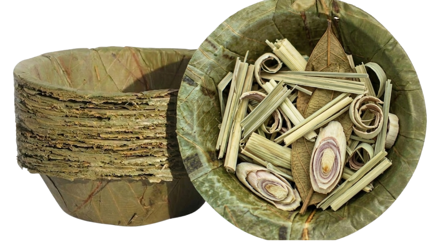 Two wooden bowls with natural materials on a white background
