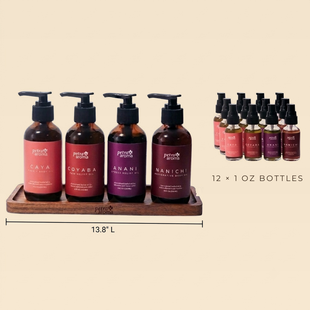 Spa Partner Kit: wooden display tray with four 8 oz oils and twelve 1 oz bottles